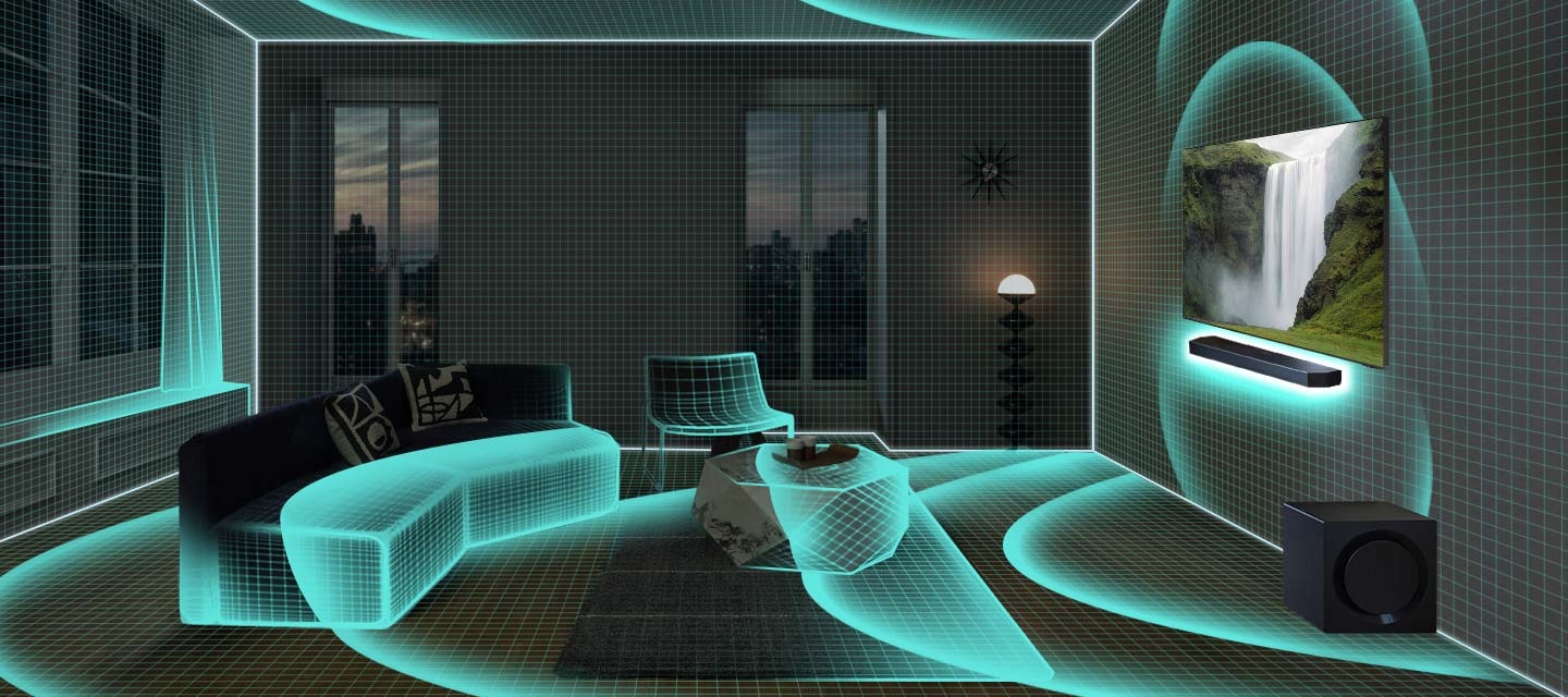 O cameră de zi cu decor modern se transformă într-un stil de schiță, cu obiectele estompând în simple contururi. Soundbar-ul emite un singur impuls care se deplasează prin întreaga cameră și analizează spațiul. Apoi, bara de sunet și subwooferul emană unde sonore, indicând faptul că sunetul este redat.