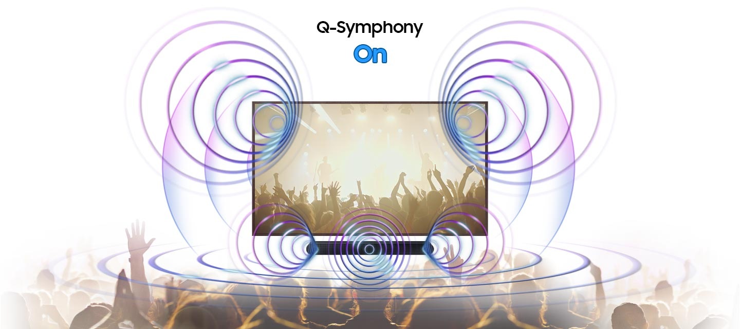 A TV screen depicts a lively concert scene. Directly underneath is a Samsung Soundbar. When Q-Symphony is Off, the Soundbar plays audio by itself, giving off small sound waves. When Q-Symphony is On, the TV and Soundbar play audio together at the same time, with both giving off large sound waves in sync.