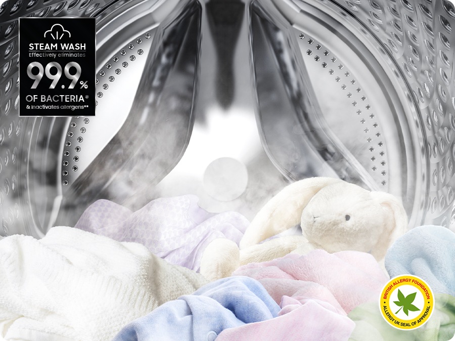 Steam is dispersed inside the washing machine and soak clothes in the drum. Steam Wash effectively eliminates 99.9% of bacteria* & inactivates allergens**. Steam wash certified by BRITISH ALLERGY FOUNDATION and ALLERGY UK SEAL OF APPROVAL is shown in right bottom.