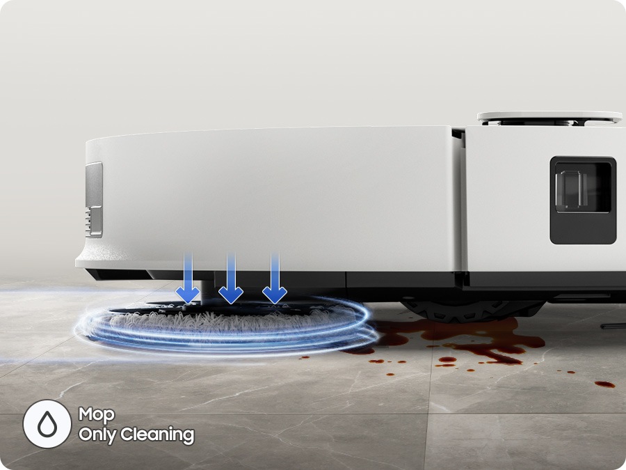 There is a close-up of the Jet Bot Combo AI Steam+ spinning its mops to clean the floor in Mop Only Cleaning mode.