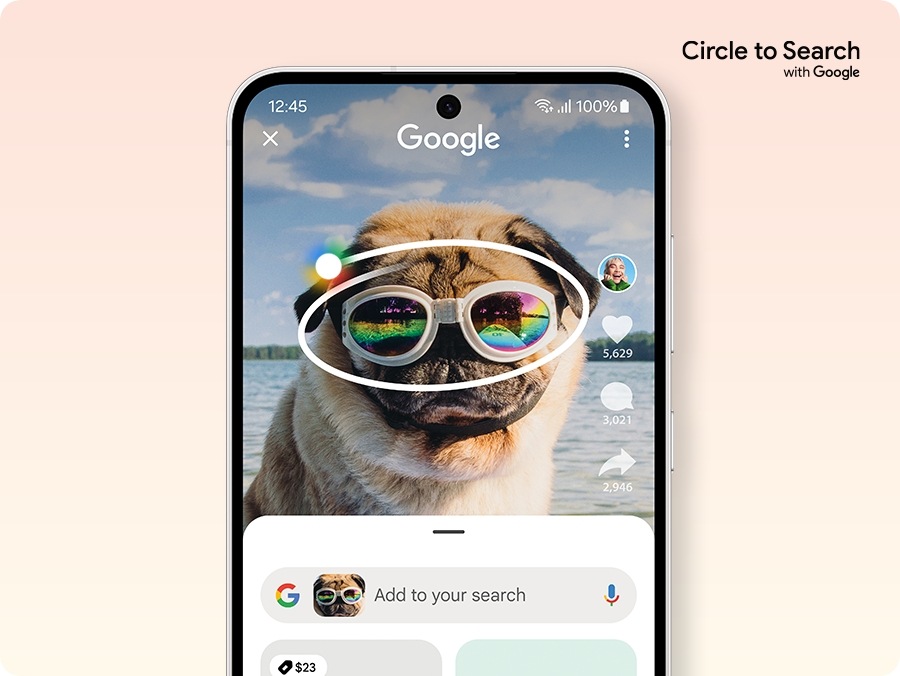 Sigla Circle to Search cu Google. Un ecran Galaxy S24 FE arată un buldog purtând ochelari de soare, cu un gest de încercuire în jurul ochelarilor de soare, pentru o căutare pe Google. Sub fotografie sunt afișate rezultatele căutării pentru aceiași ochelari de soare. O bară de căutare Google este vizualizată dedesubt.