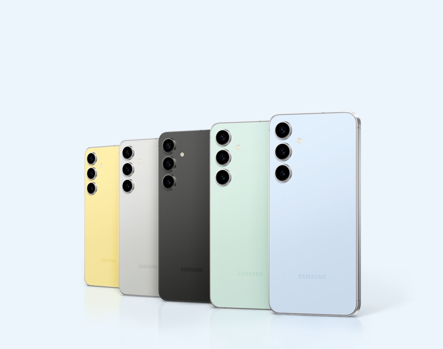 Cinci dispozitive Galaxy S24 FE în Yellow, Gray, Graphite, Mint și Blue sunt în poziție verticală, cu partea din spate. Dispozitivele sunt văzute din spate, suprapuse unul peste celălalt.