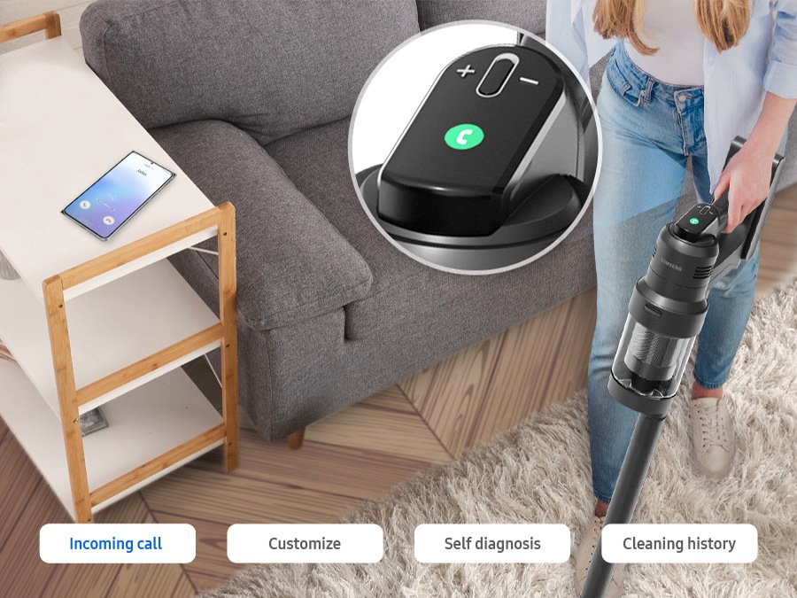 The smart Wi-Fi functions (Incoming Call, Customize, Self-diagnosis, Cleaning history) of the Samsung Bespoke jet AI Ultra are displayed in order.