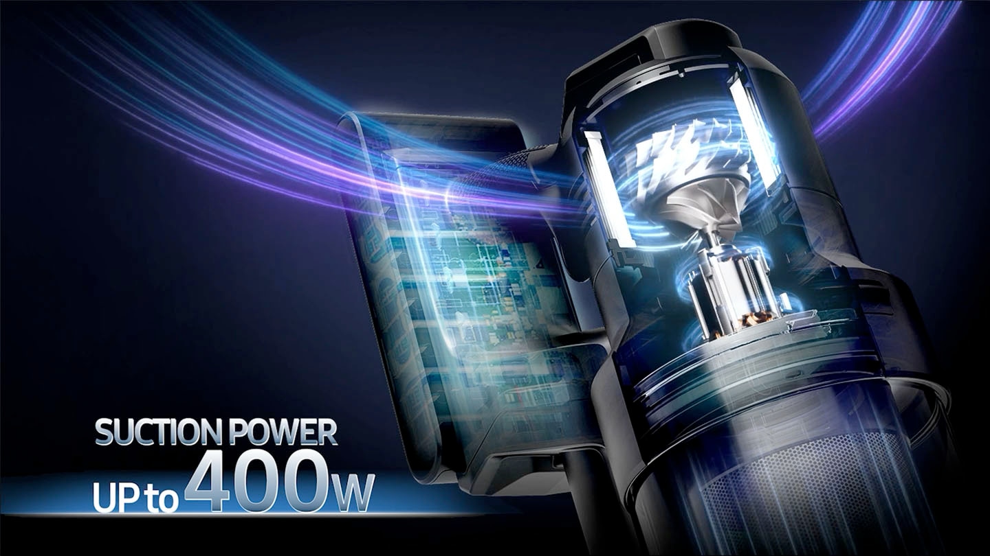 A cross-sectional of a vacuum cleaner with a black background. Suction Power up to 400W