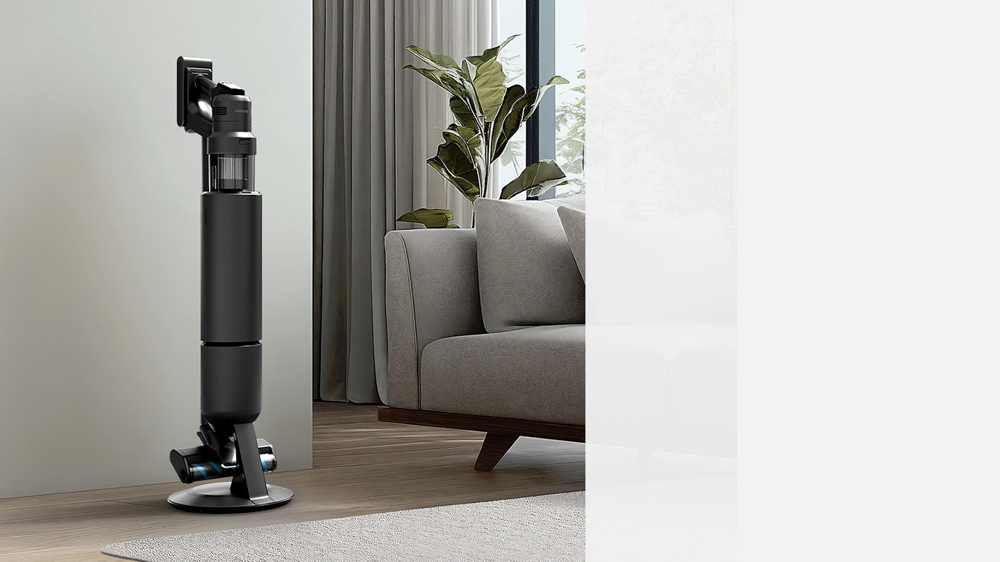 Samsung Bespoke Jet AI Ultra' in the living room and of the 'All in one clean station' in action.