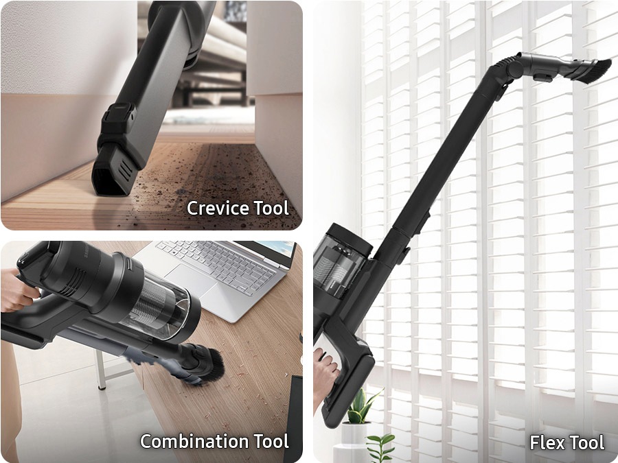 1.The crevice tool cleans a narrow space. 2.The combination tool cleans dirt on a desk near a laptop. 3. The flex tool cleans a high window sill.