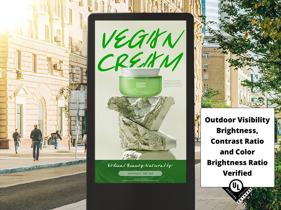 An outdoor digital advertisement alternating between the promotion of two products. The first product is a green jar positioned above the three stones, with reading 'Vegan Cream'. The second product is a shoe with blue, yellow, and purple coloring with the text reading 'Run High' on a colorful