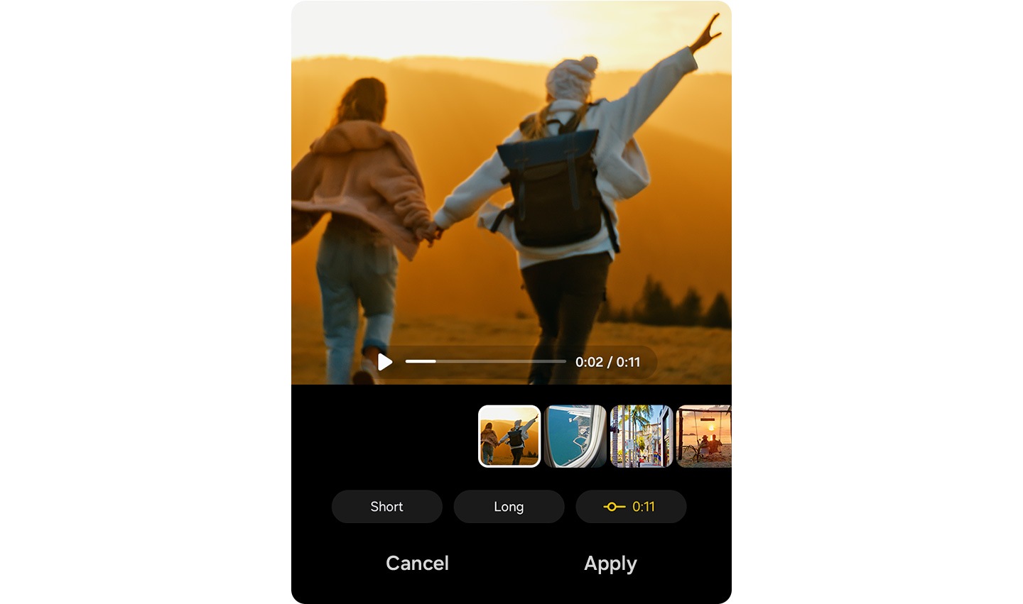 Two people run hand-in-hand toward a sunset. Video editing controls are overlaid at the bottom, including 'Short,' 'Long,' 'Cancel,' and 'Apply' buttons, with a progress bar, showing that the video is edited using Auto Trim.