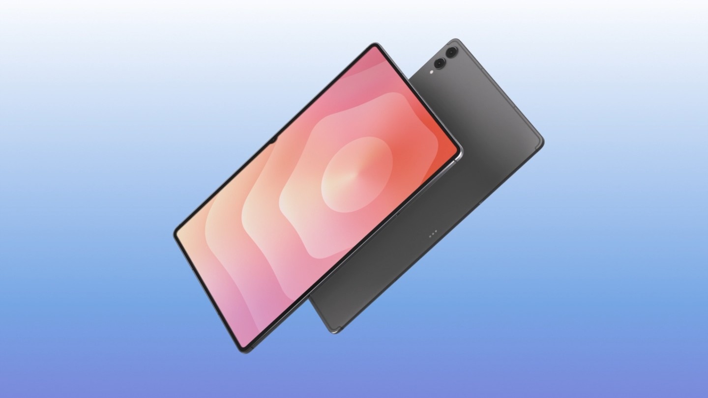 A Galaxy Tab S11 Ultra device shown in silhouette in a dark setting, then angled to reveal its front display. A second Tab S11 Ultra appears behind it, showing the rear design to highlight the sleek profile.