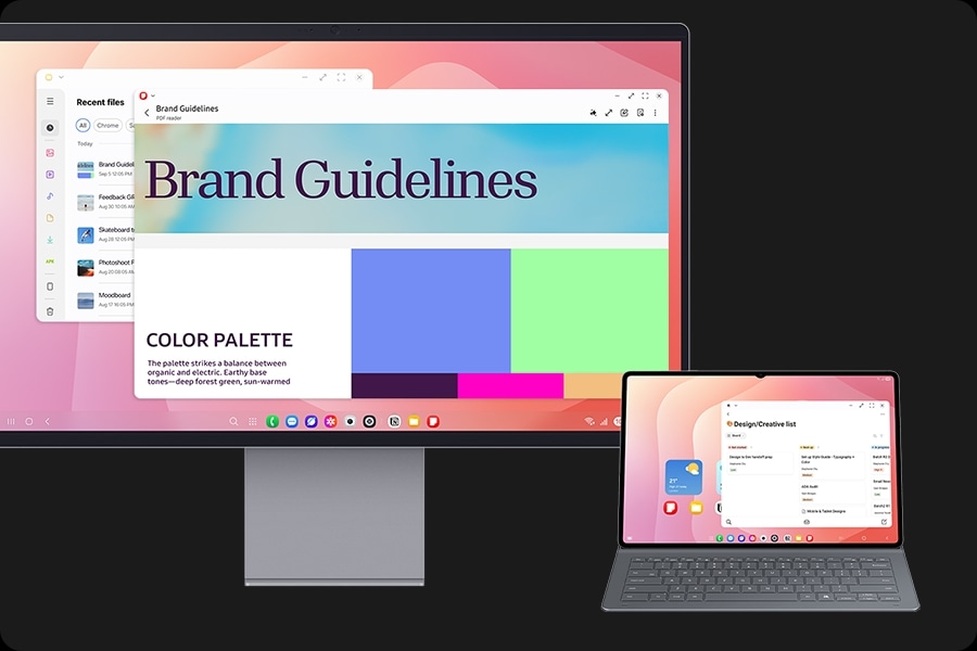 Galaxy Tab S11 Ultra displaying the Notion app in use, with a larger second screen on the left using Samsung DeX, highlighting smooth multitasking with an extended workspace for better productivity.
