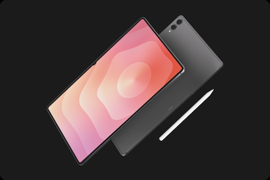 Front view of a Galaxy Tab S11 Ultra device tilted slightly. Behind it, another Tab S11 Ultra reveals the rear side with the dual camera and an S Pen placed beside it, highlighting the sleek front and premium back design.