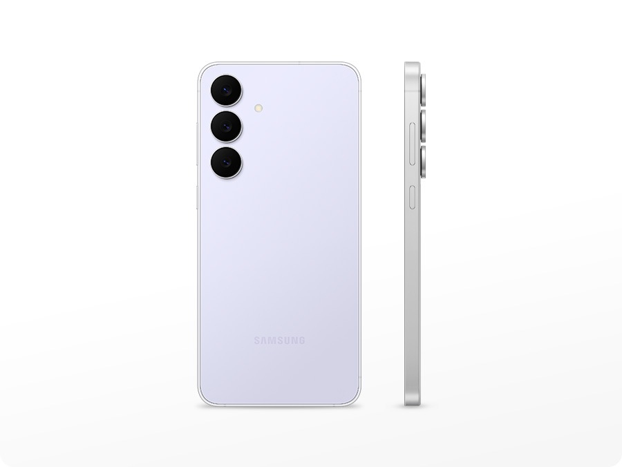 Two Galaxy S25 FEs are standing side by side. The Icyblue one on the left has its back facing forward, while the one on the right has its left side facing forward.