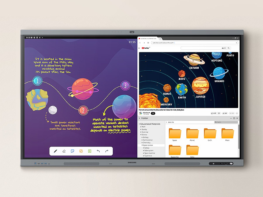The display in Multi Window mode: left panel shows solar system diagram with notes; right displays browser with image and folders.