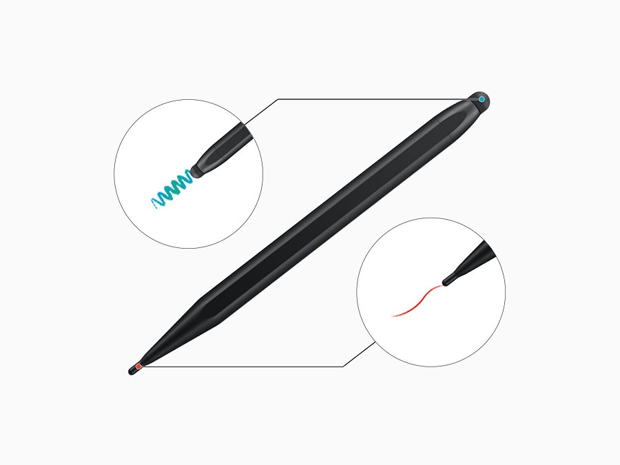 Dual-sided pen displayed with close-up of its double-sided nib. One side draws thick blue lines, the other thin red lines.