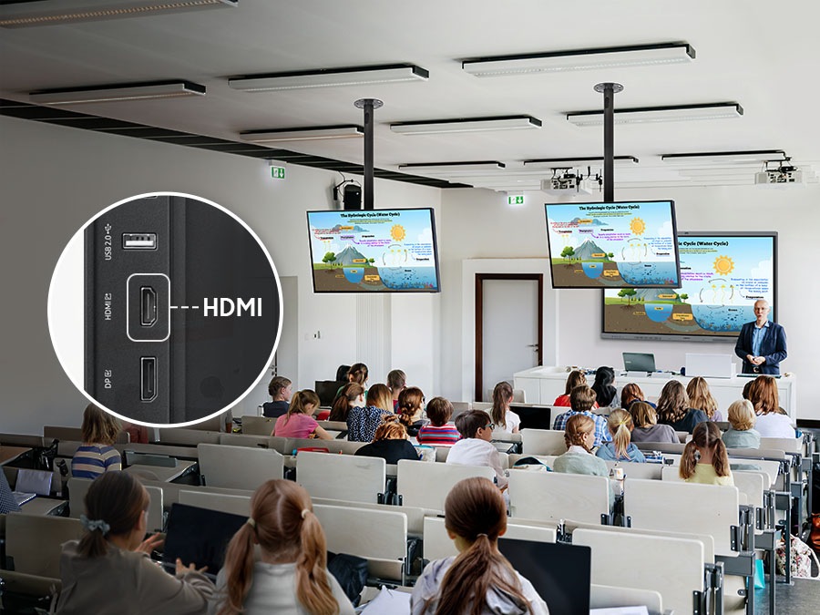 Classroom with multiple screens displaying content via the display's HDMI Out function, enhancing visibility for all students.
