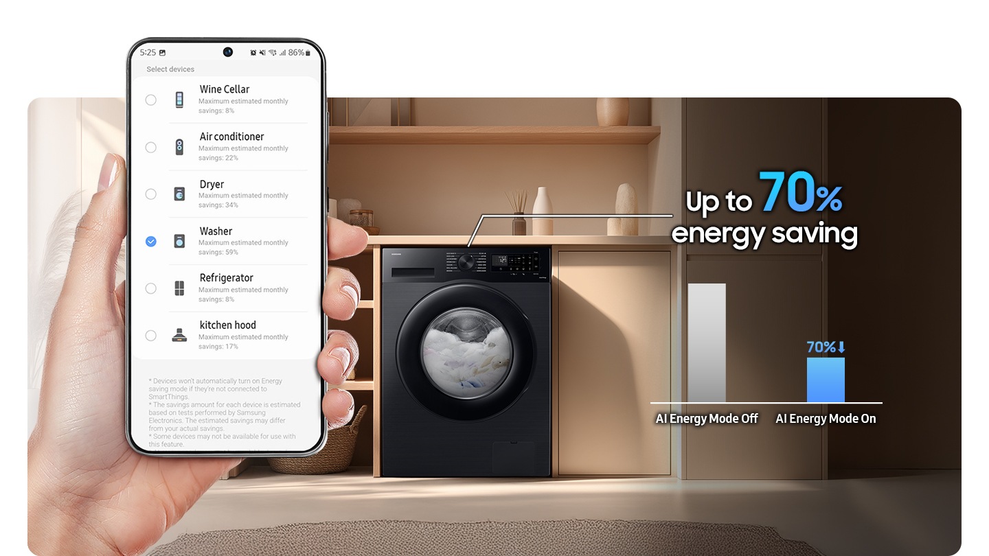AI ​​Energy Mode is activated by checking the mode button to 'On' and selecting the device you want to run on Smartphone. It does energy saving up to 70% more than AI Energy Mode off.