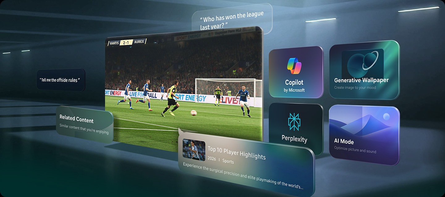 Samsung TV playing football scene. Around it, examples of what Vision AI Companion can do including icons for Copilot by Microsoft, Generative Wallpaper, Perplexity and AI Mode, user questions, and suggestions for Related Content and Top 10 Player Highlights.