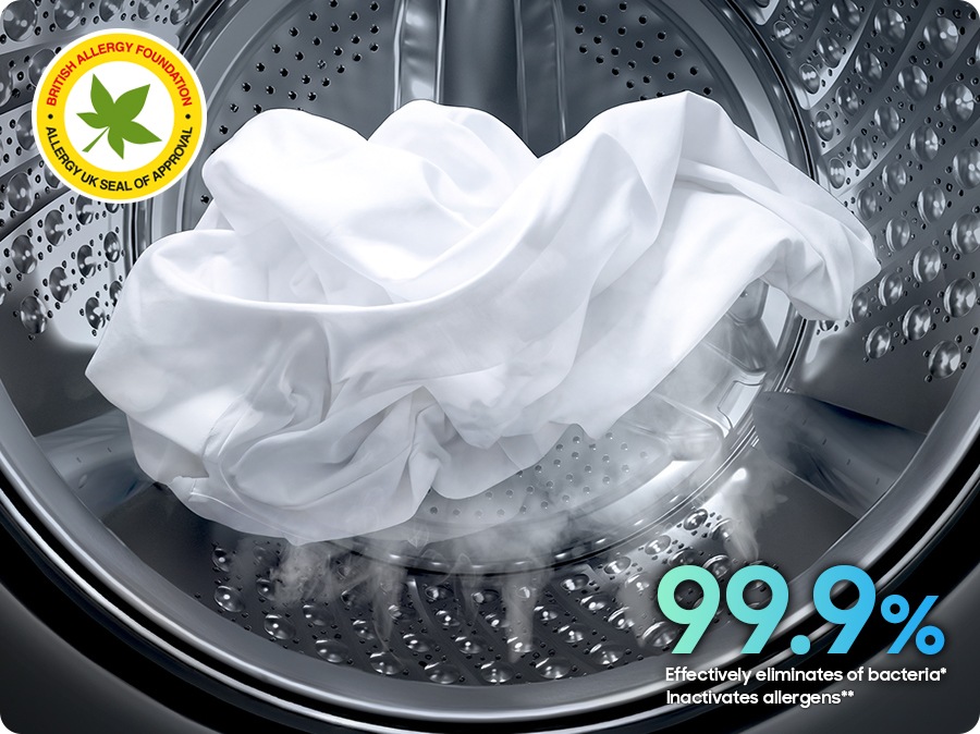O camasa se afla in interiorul tamburului masinii de spalat, inconjurata de abur. Steam Wash elimina eficient 99,9% dintre bacterii* si inactiveaza alergenii**. Steam Wash este certificata de BRITISH ALLERGY FOUNDATION si ALLERGY UK SEAL OF APPROVATION.