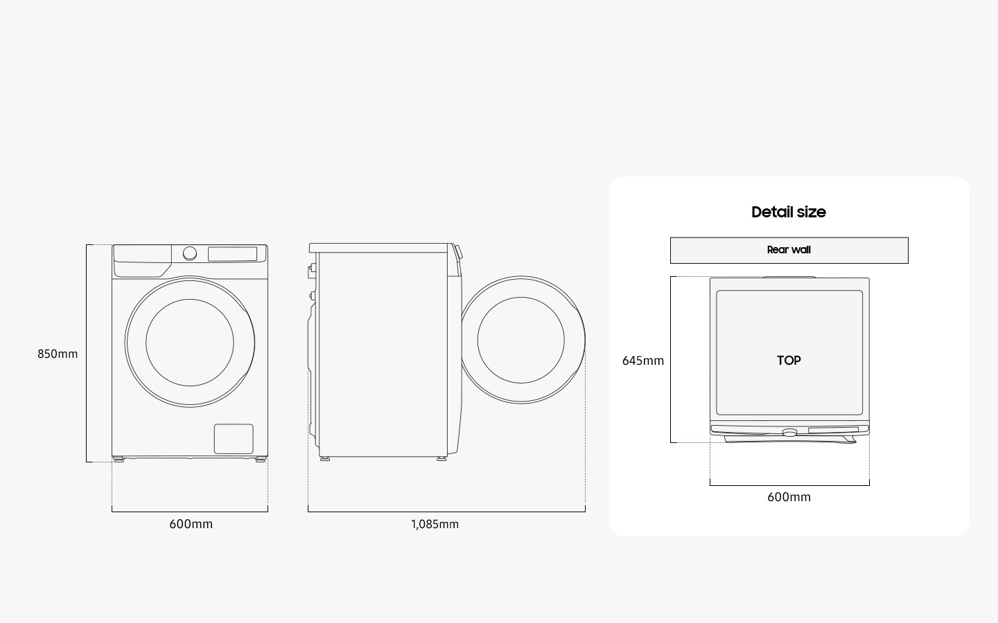 Ilustratia prezinta dimensiunile masinii de spalat, din fata, din lateral si de sus. Dimensiunea detaliata este de 600 mm in latime, 850 mm in inaltime si 645 mm in adancime. Cand usa din fata este deschisa, aceasta masoara 1.085 mm, in latime totala. Masina de spalat trebuie instalata la o anumita distanta de peretele din spate.