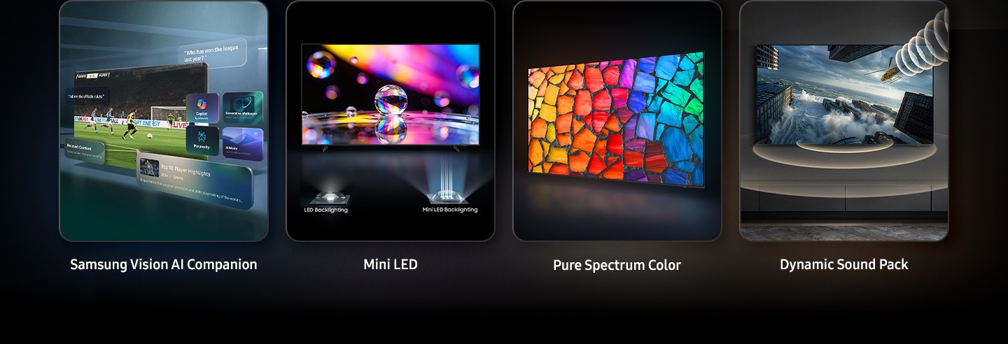 Samsung Vision AI Companion, Mini LED, LED Backlighting, Mini LED Backlighting, Pure Spectrum Color and Dynamic Sound Pack as the top 4 features.