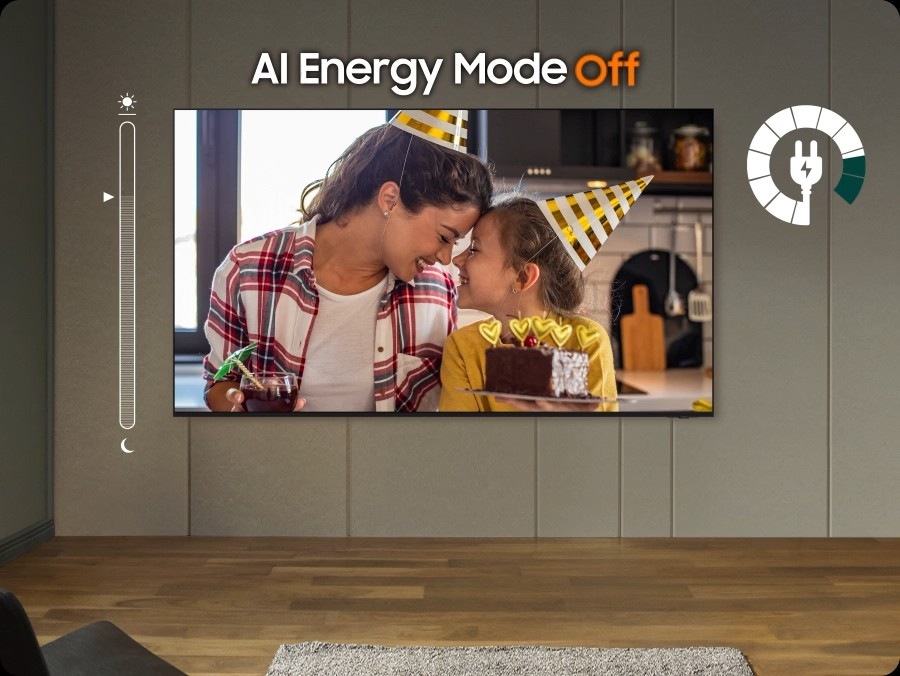 When AI Energy Mode is off, the surroundings around the TV appear bright. A smartphone screen displaying AI Energy Mode pops up, and it switches from Off to On. With adaptive brightness and AI Energy Mode activated, the energy level decreases significantly, and the scale shifts from day to night.