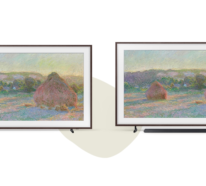Two views of The Frame TV showing different stand heights, illustrating how the height-adjustable stand raises or lowers the screen to fit your setup.