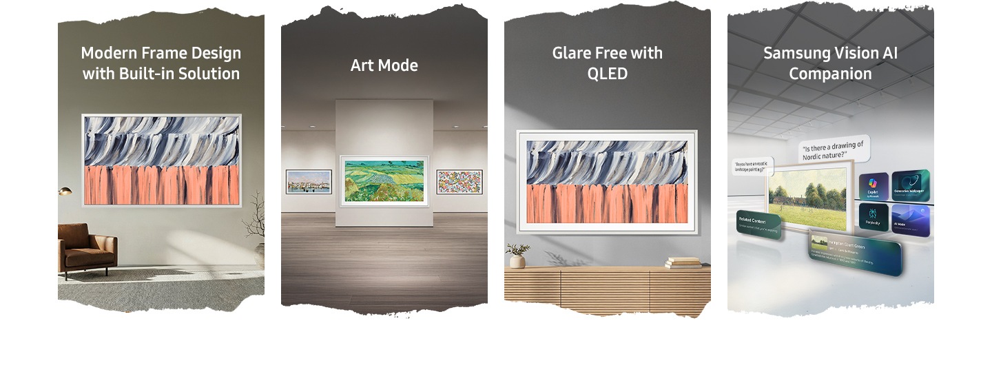Top four features of The Frame TV, including Modern Frame Design with  with Built-in Solution, Art Mode, Glare Free with QLED and Samsung Vision AI Companion.