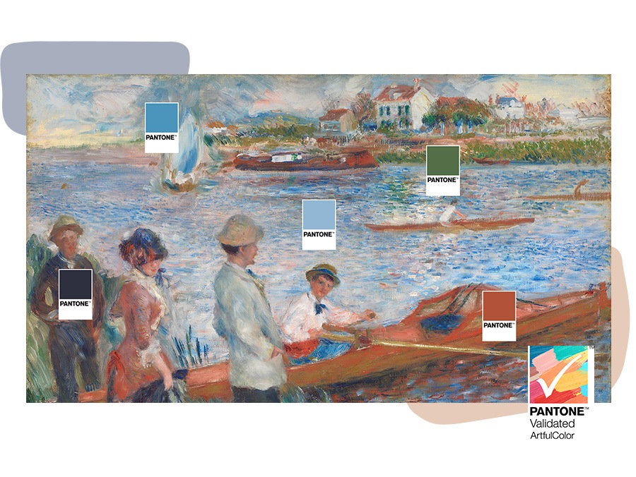 The Frame TV displays a classic painting with rich, realistic colors, highlighted by PANTONE markers. PANTONE™ Validated ArtfulColor logo.