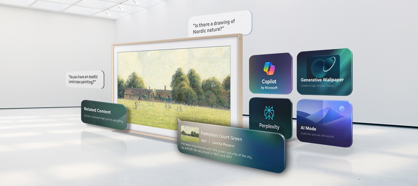The Frame TV displays artwork as Samsung Vision AI Companion suggests related content and answers art requests through an intelligent on-screen interface.
