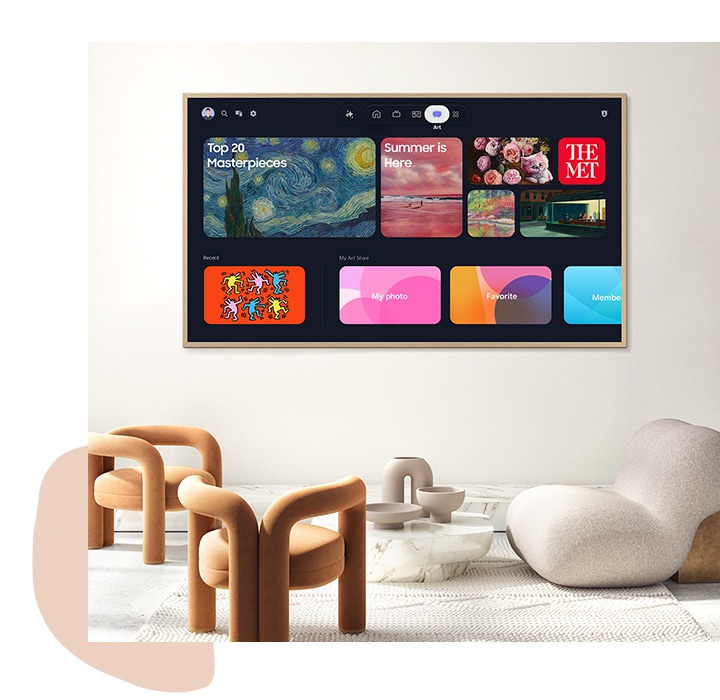 The Frame TV shows the Art Home interface, displaying curated collections, themed artwork groups, and personalized art playlists.