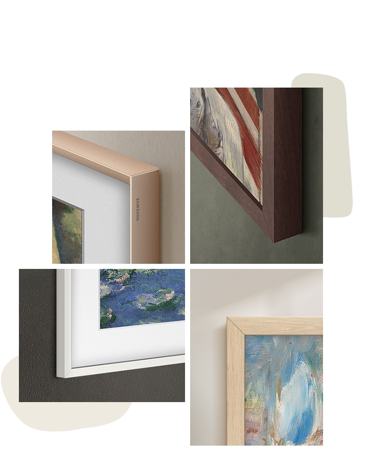 Close-up views of The Frame TV with interchangeable bezels in different finishes, showing how the frame style can be customized to match your space.
