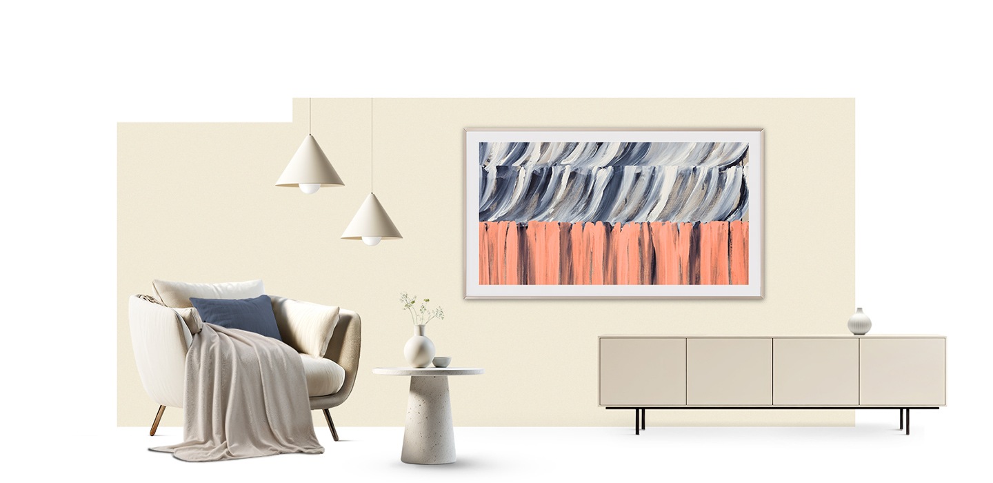 Modern living room with beige walls, armchair and pendant lights, featuring The Frame TV displaying abstract artwork that blends seamlessly like a framed painting above a minimalist console.