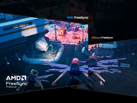 With FreeSync, the fantasy game on screen is clearly shown. Without FreeSync, the screen is torn. AMD FreeSync Premium.