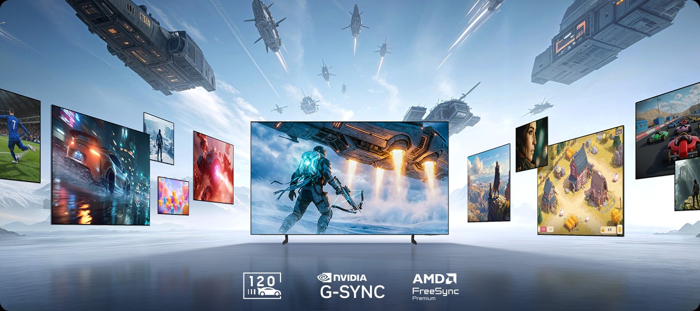 Samsung TV displays action game scene at the center, surrounded by floating screens showing sports, racing and cinematic gaming contents. Motion Xcelerator 120Hz, NVIDIA G-SYNC and AMD FreeSync Premium logos.