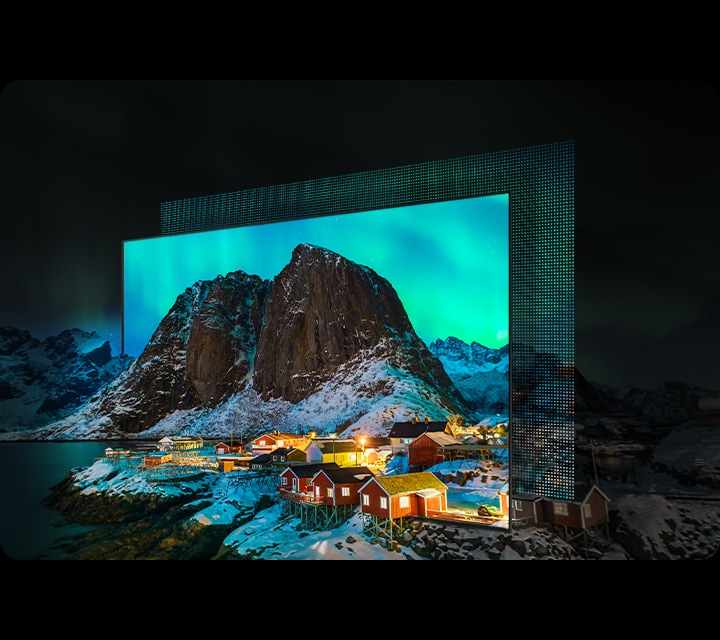 Self-illuminating pixels come together to show a snowy mountain village with deep blacks, clean whites, and vivid colors.