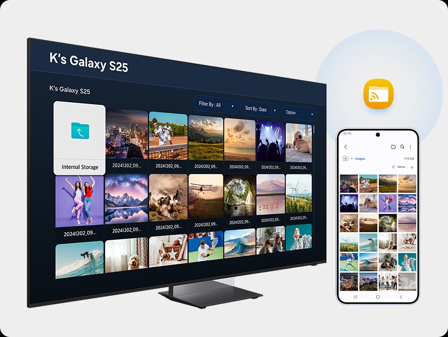 Televizorul Samsung si smartphone-ul Galaxy afiseaza aceleasi fotografii, cu pictograma wireless ilustrand sincronizarea imaginilor prin Samsung Storage Share.