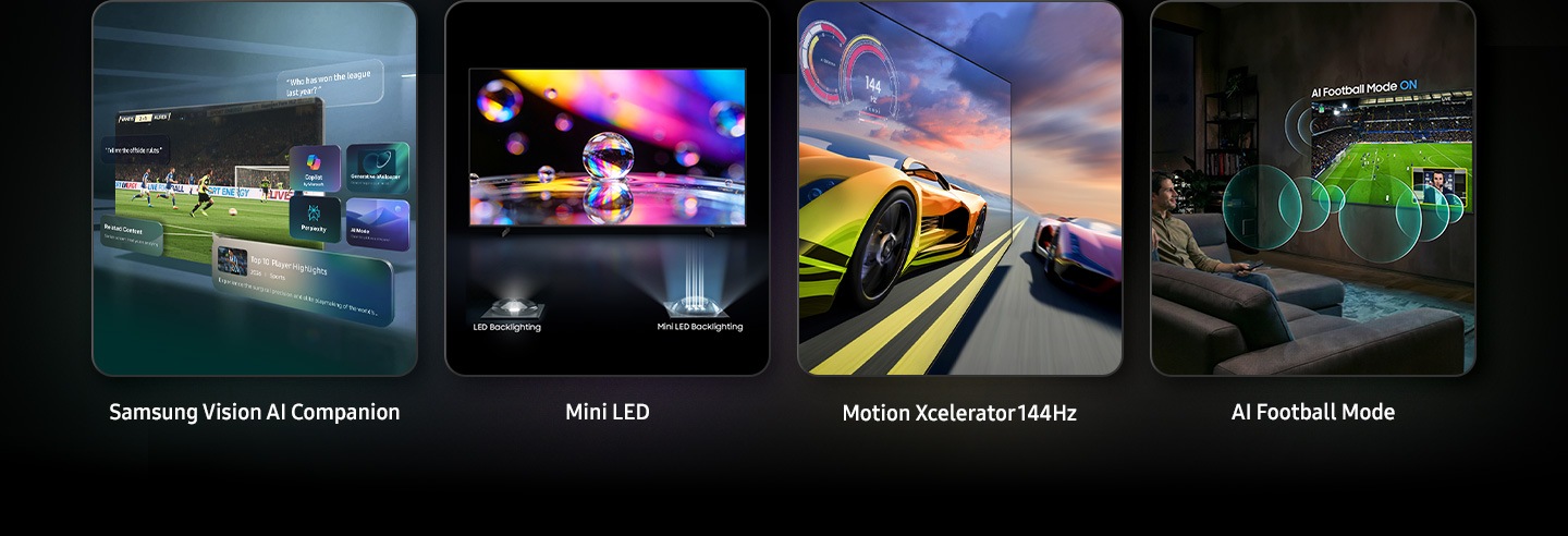 Samsung Vision AI Companion, Mini LED, iluminare din spate cu LED, iluminare din spate cu Mini LED, Motion Xcelerator 144 Hz si modul AI Football sunt cele patru caracteristici principale.