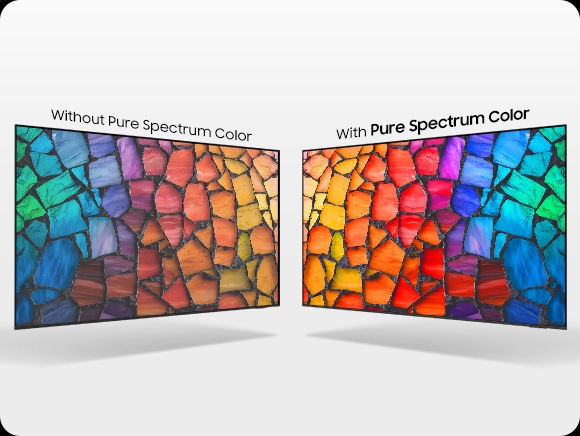 Sunt prezentate doua televizoare unul langa altul. Televizorul cu mentiunea „Fara Pure Spectrum Color” afiseaza imagini cu culori estompate si lipsite de intensitate, in timp ce televizorul cu mentiunea „Cu Pure Spectrum Color” afiseaza aceeasi imagine tip mozaic cu culori mai bogate si mai vibrante si cu un contrast imbunatatit.