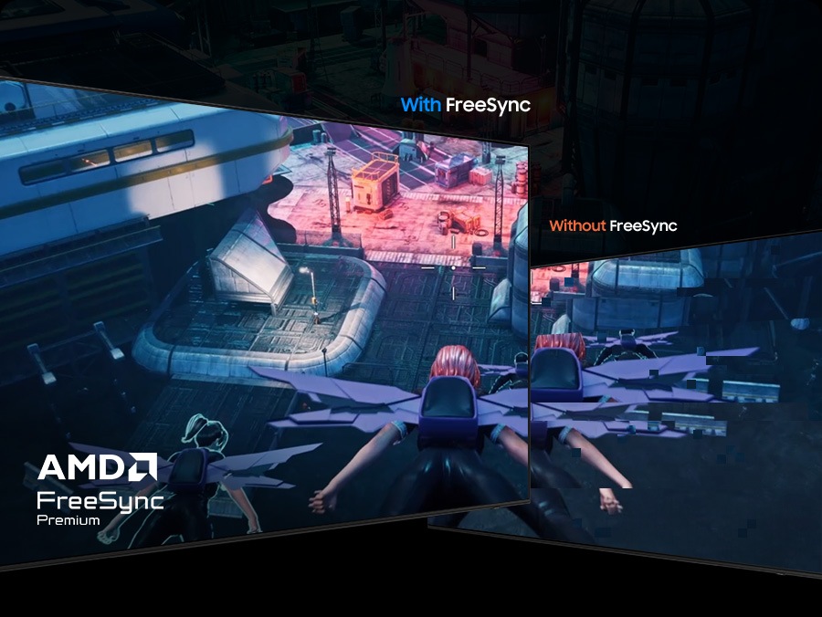 Cu FreeSync, jocul fantasy este afisat clar pe ecran. Fara FreeSync, imaginea de pe ecran este intrerupta. AMD FreeSync Premium.