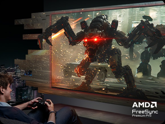 A man plays games on a TV with hyperrealistic visuals that appear to pop out of the screen. AMD FreeSync Premium Pro logo.