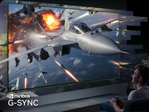 Man gaming on a Samsung OLED TV. An action-filled air combat game scene appears to pop out of the screen. NVIDIA G-Sync logo.