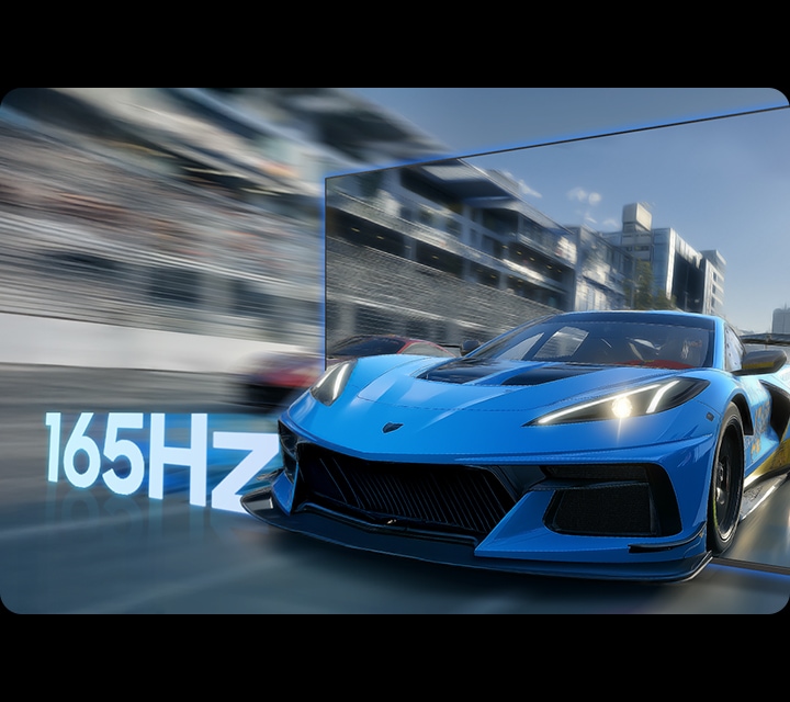 Scene from racing game. The car's movement is so fast and clear that it appears to race out of the screen. 165 Hz.