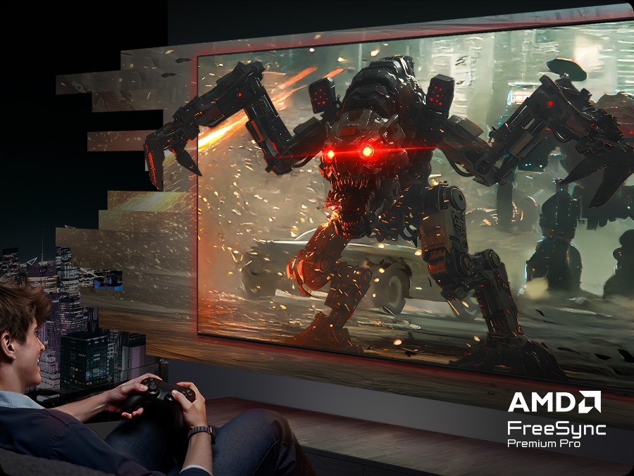 Un barbat se joaca pe un televizor cu imagini hiper-realiste, care par sa iasa din ecran. Sigla AMD FreeSync Premium Pro.