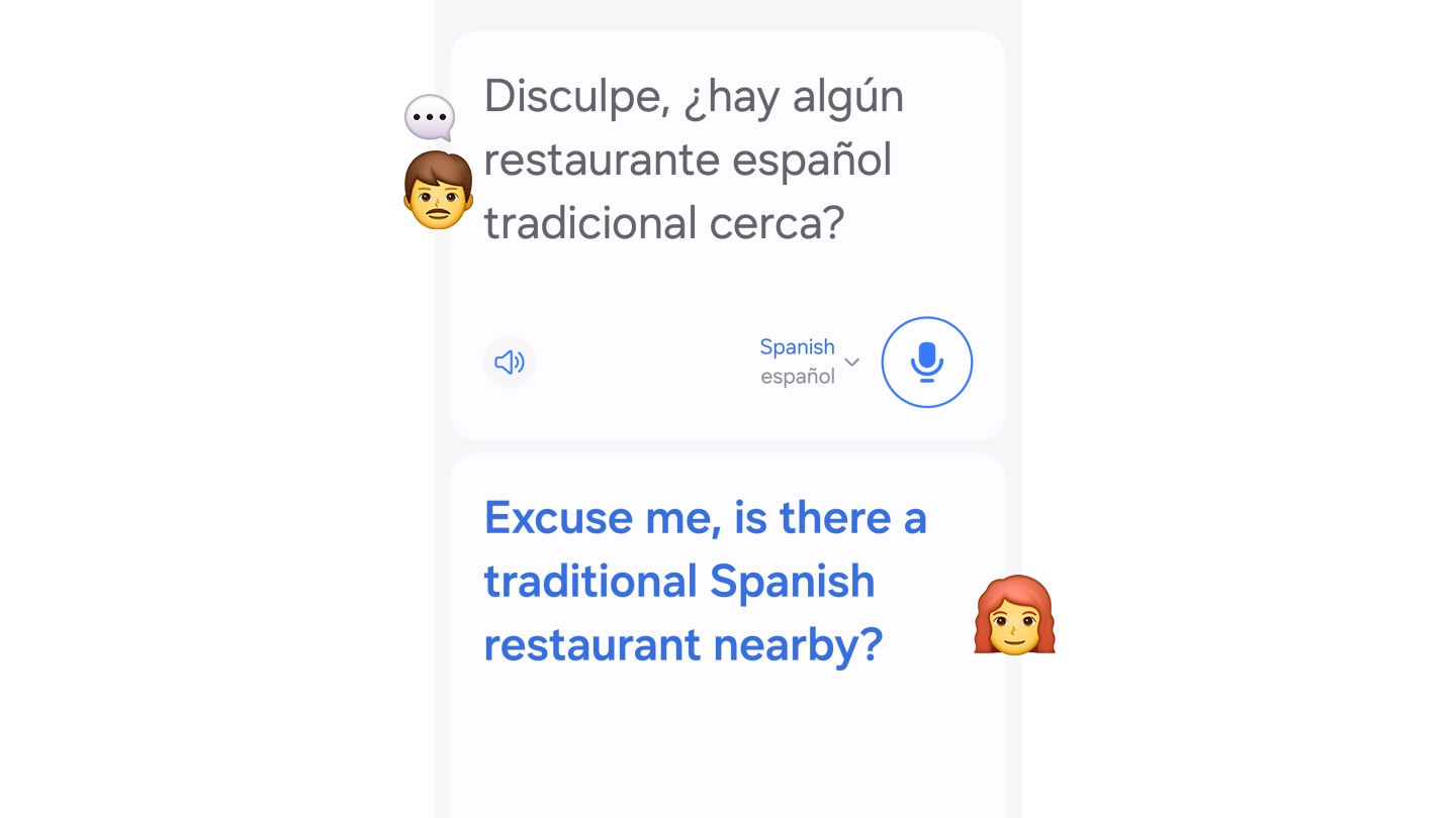 În aplicația Interpreter, o conversație în două limbi este transcrisă și tradusă în timp real.