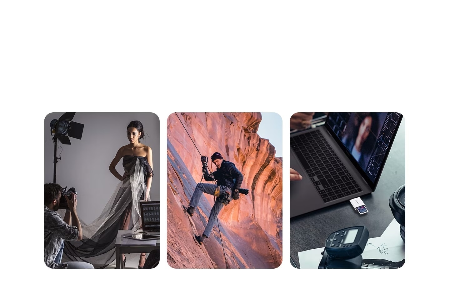 Three stills that illustrate the various uses for SD card. The first features a model in a photo studio environment, while the second features a professional photographer outdoors on the side of a mountain The third displays a video editing workstation.