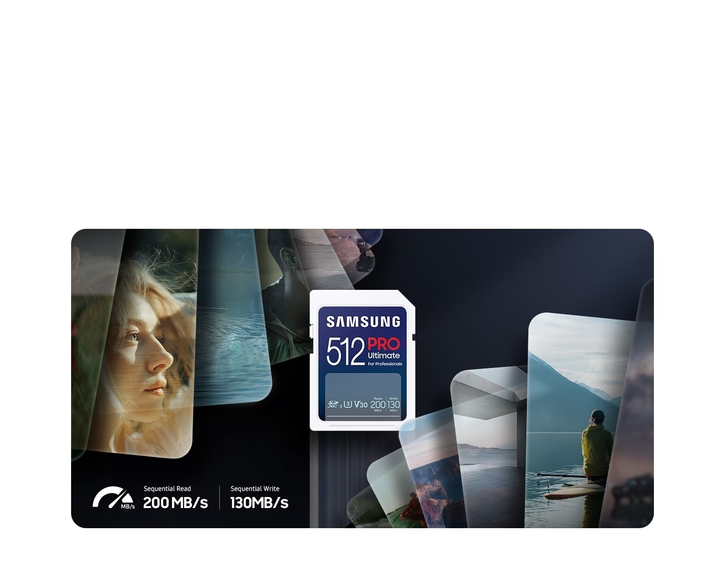 512GB SD card in the center of the frame surrounded by scenes seen from the display of a series of mobile phones, illustrating all the different types of content that can be shared and stored with the SD card.