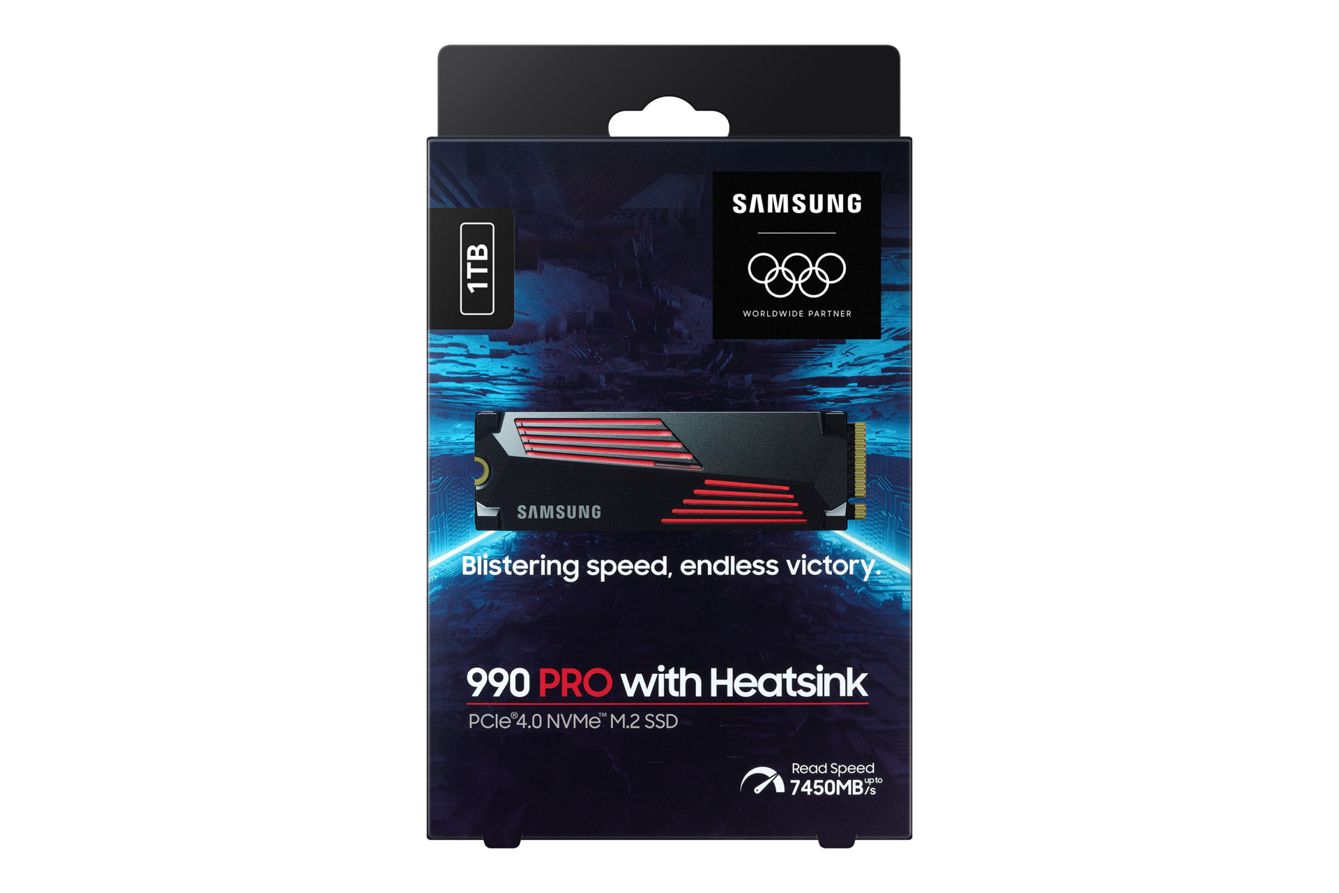 990 PRO with Heatsink PCIe 4.0 M.2 SSD PKG2-Front-Olympic- Black 