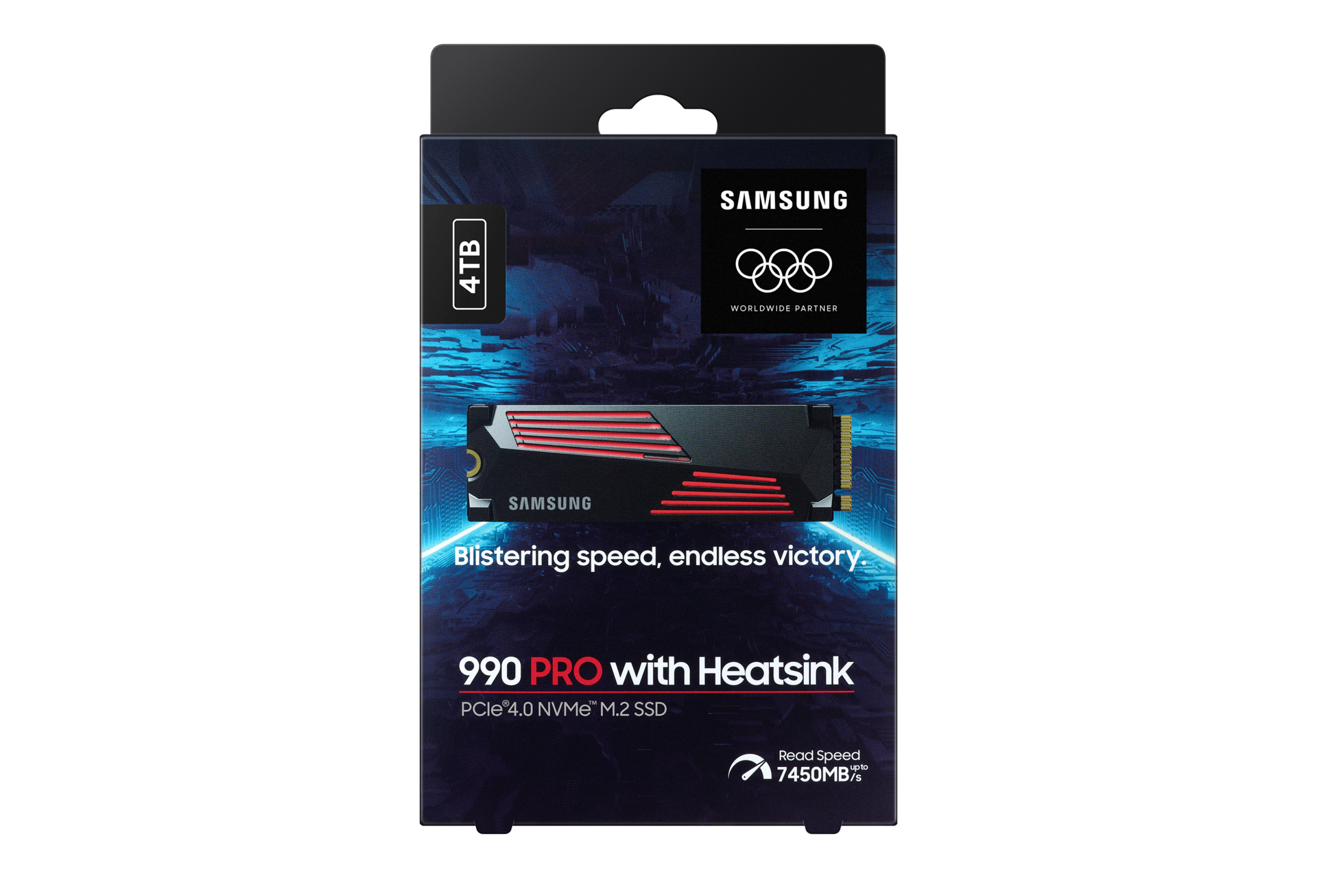 990 PRO with Heatsink PCIe 4.0 M.2 SSD PKG2-Front-Olympic- Black 