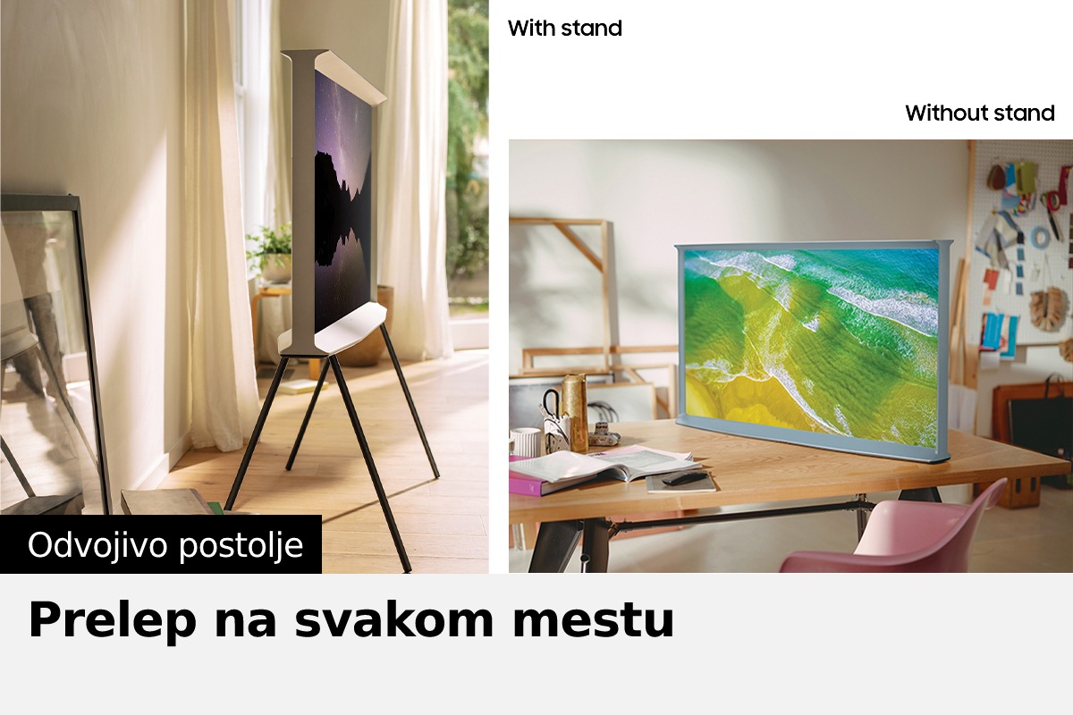 Najpre se vidi kako Serif televizor stoji na postolju uz reči „sa postoljem”. Zatim kako Serif televizor stoji na stolu uz reči „bez postolja”.