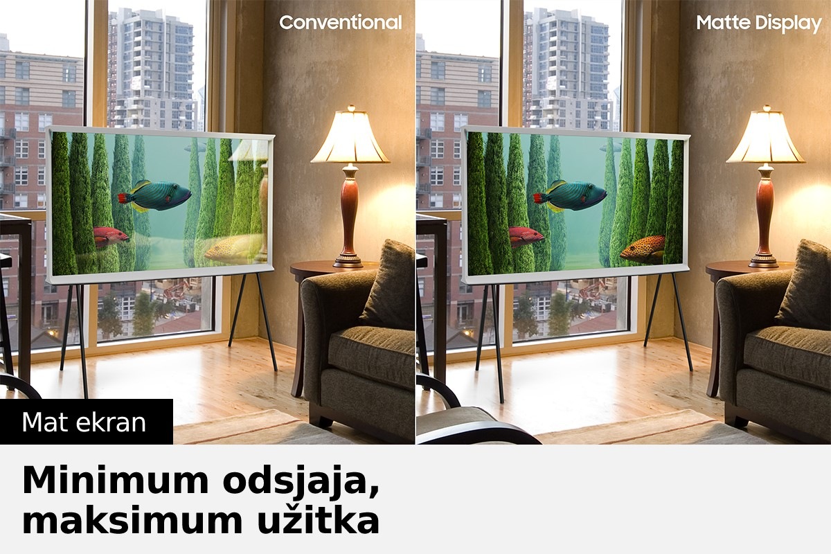 Serif televizor sa konvencionalnim ekranom prikazuje refleksiju svetlosti na svom ekranu, dok Serif televizor sa mat ekranom nema refleksiju. UL verifikovan ekran bez odsjaja: Na ekranu je prikazana i logo oznaka za Reflection Glare UGR<10, Discomfort Glare UGR<22, Disability Glare UGR<34.